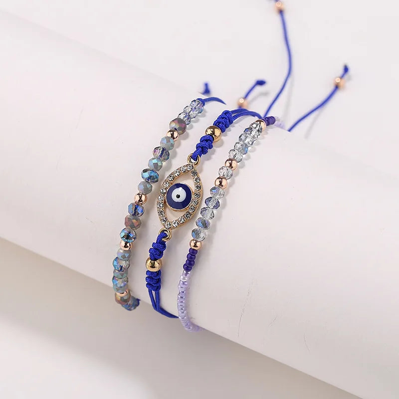 Jingcan crystal fashion 3pcs set crystal beaded evil eye charm bracelet  boho handmade blue turkish evil eye bracelet for women