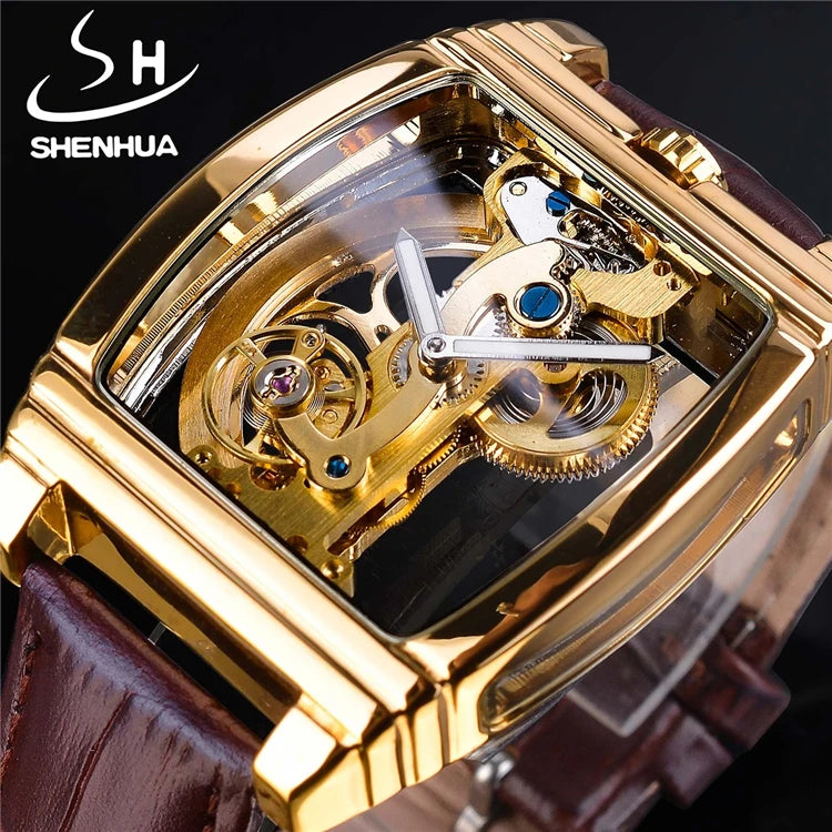 SHENHUA 9870L Transparent Single Bridge Mechanical Dress Watch Men Top Brand Skeleton Gold Automatic Self Winding Wrist Watch
