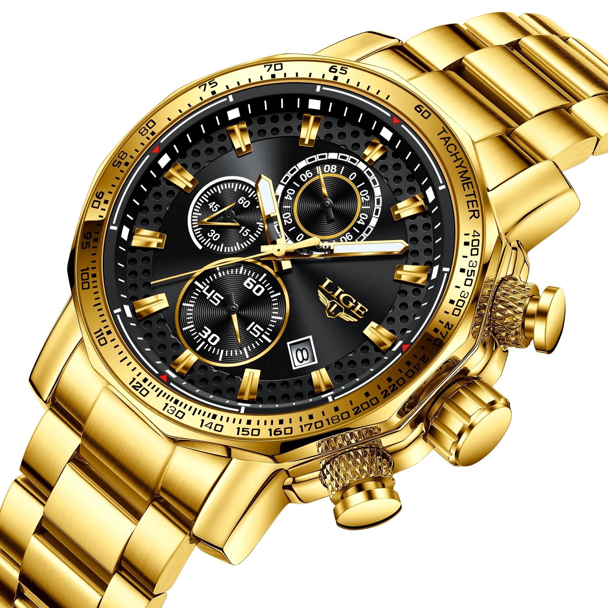 LIGE LG9902 Watch for Men Business Waterproof 3 Subdials Gold Stainless Steel Date Quartz WristWatch Relogio Masculino+ Gift Box