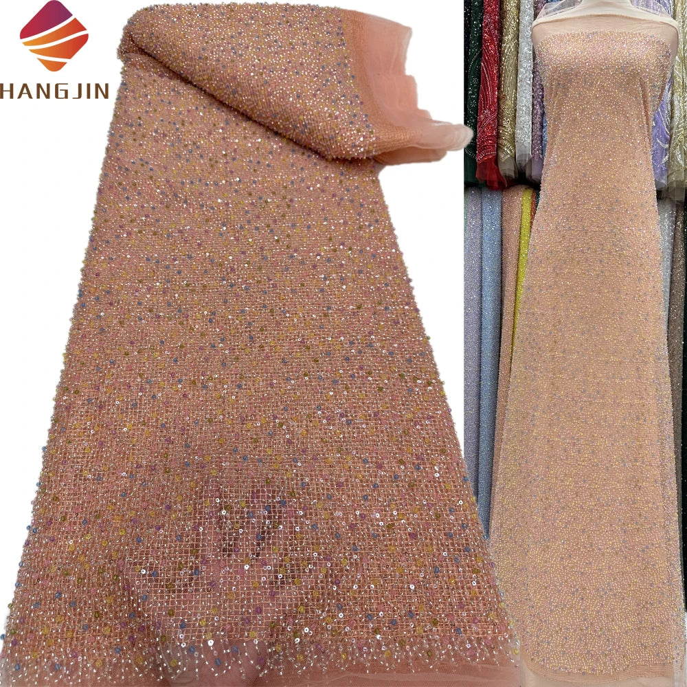 Latest Style High-End Full Beaded Tulle Net Lace Fabric Embroidery French Mesh Lace Sequins Lace Fabric for Bridal Party