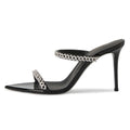 2025 Luxury Trendy Open Toe Women's Pencil Heel Sandal Mules Big Size Slippers with Diamond Metal Chain Embellishment for Summer