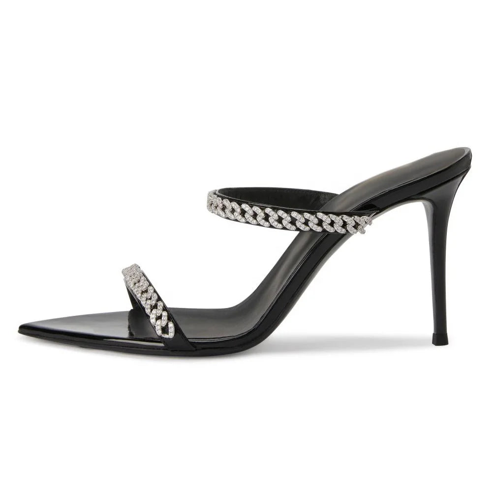 2025 Luxury Trendy Open Toe Women's Pencil Heel Sandal Mules Big Size Slippers with Diamond Metal Chain Embellishment for Summer