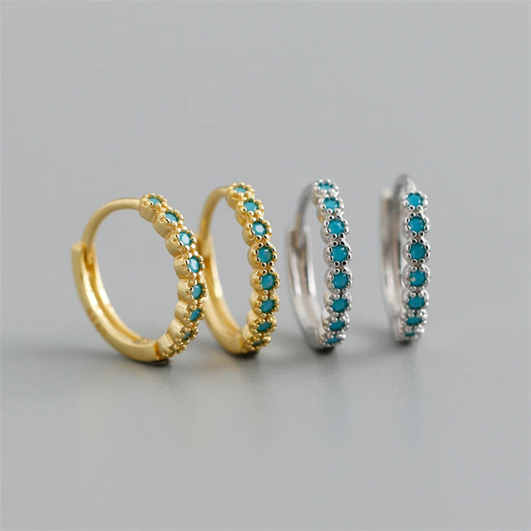 Fashion 925 Sterling Silver Simple Turquoise Gemstone Round Shape Huggie Hoop Earrings for Women