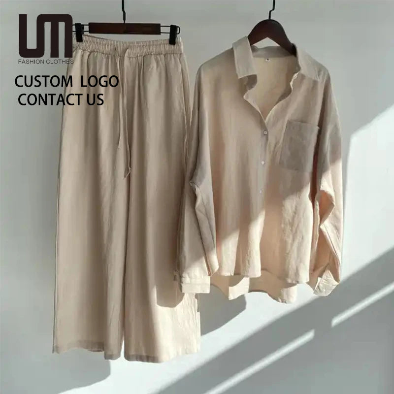 Liu Ming Custom Logo New Wholesale Women Casual Long Sleeve Blouse Pants Loose 2 Piece Set