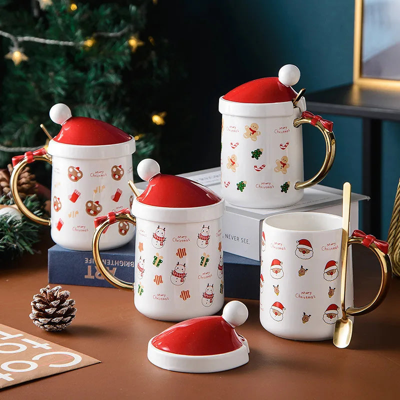 Custom Logo Christmas Ceramic Cup With Lid and Spoon Wholesale Gold Rim Coffee Mug