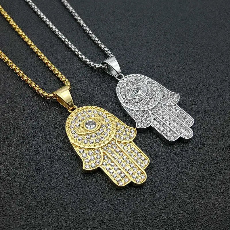 Hip-hop Ice Out Stainless Steel Hamsa Necklace Gold-plated Diamond Hand of Fatima Pendant Necklace