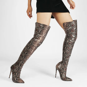 Winter Fashion Ladies' Snakeskin Over Knee Boots Sexy Stiletto High Heels Zip Closure Pointed Toe Large Sizes for Autumn Season