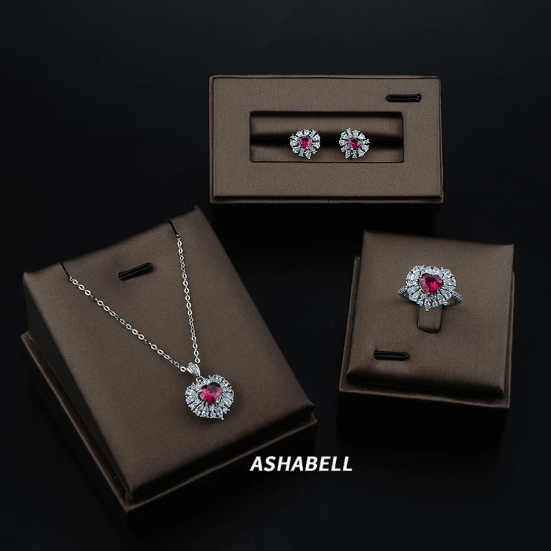925 Silver Jewelry 3 Sets Heart Ruby 5A Zircon  Wedding Ring Set Earrings Ring Pendant Necklace Set