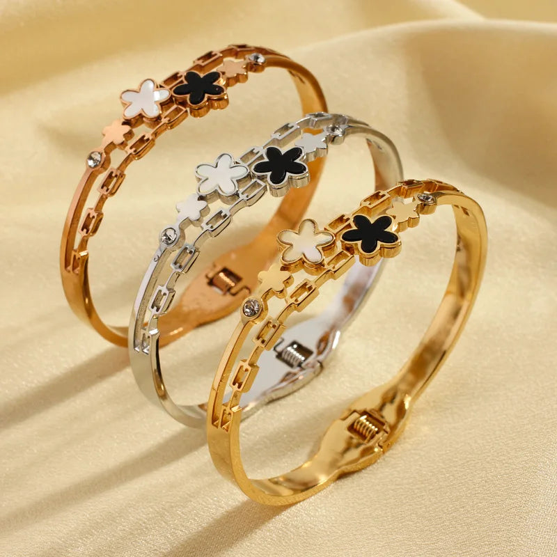 Nabest 18K Gold Plated Daisy Flower Stainless Steel Hollow Bangles Jewelry Tarnish Free Rhinestone Shell Bracelet & Bangle