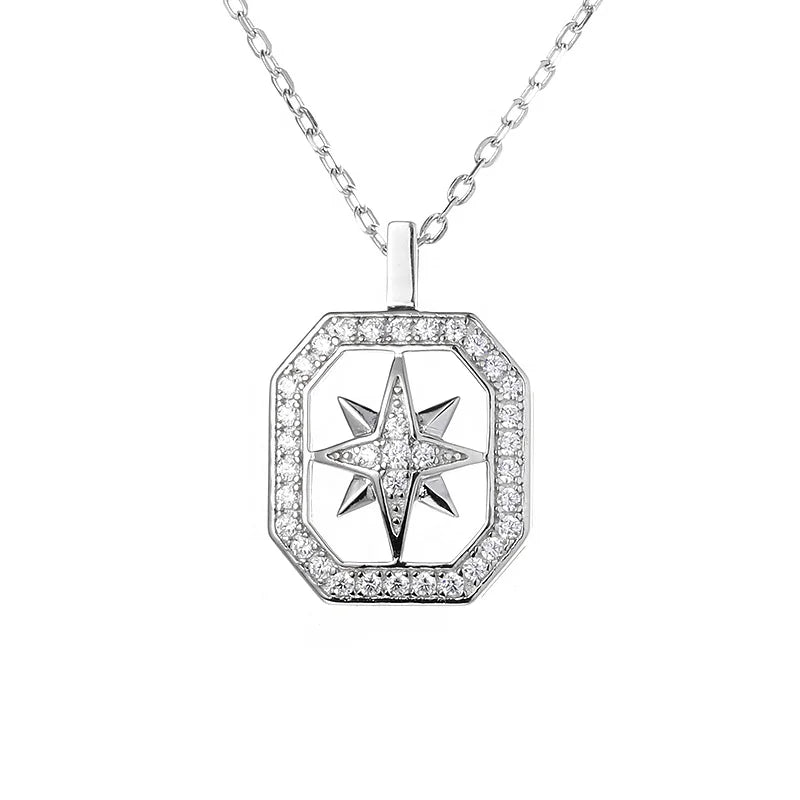 Trendy Fine Jewelry Starburst North Star Rhodium Plated 925 Sterling Silver Moissanite Pendant Necklace for Women and Couples