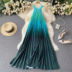 One Size Holiday Dress Round Neck Hanging Neck Pleated Dress Rainbow Gradient Dress
