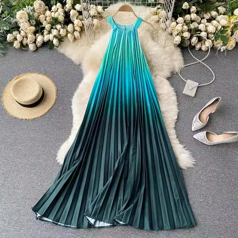 One Size Holiday Dress Round Neck Hanging Neck Pleated Dress Rainbow Gradient Dress