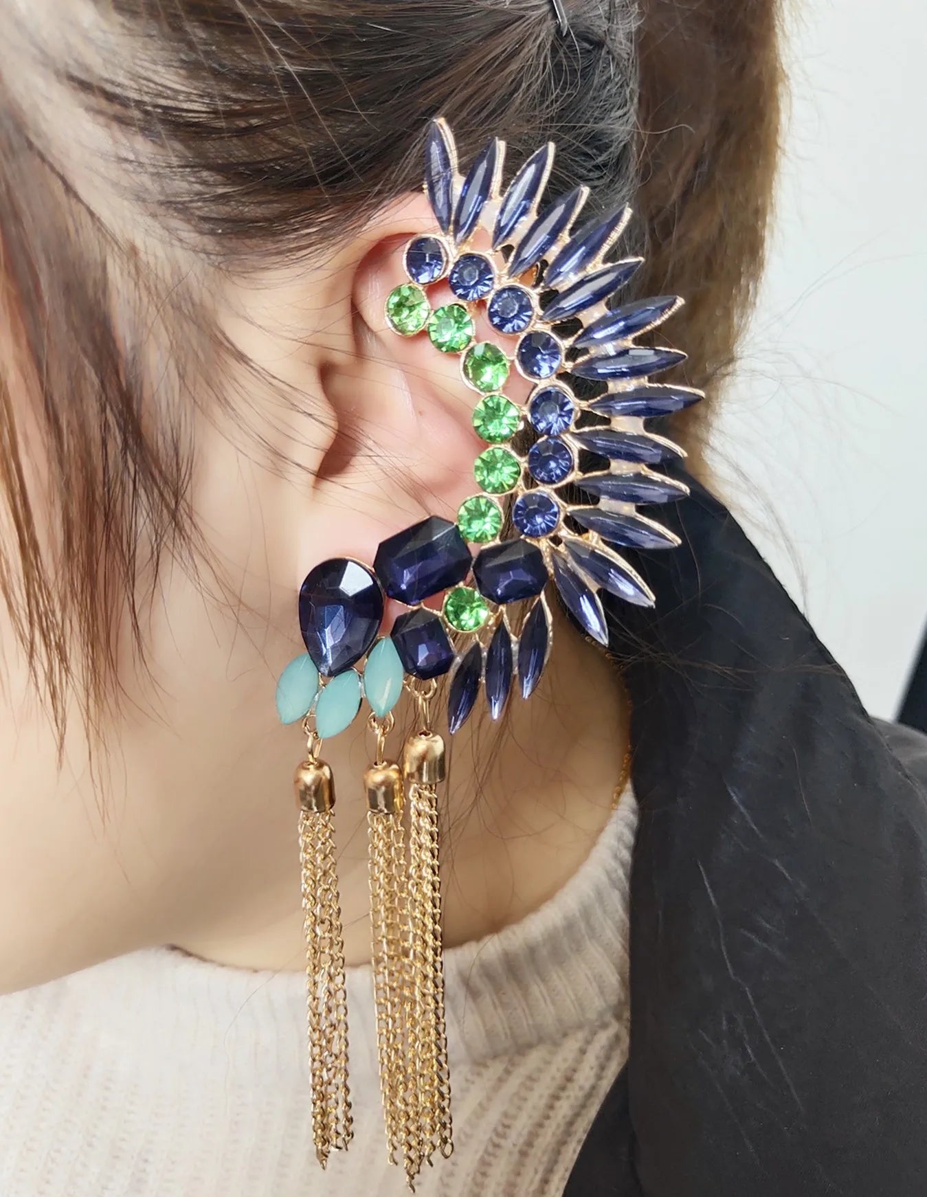 Big Exaggerated Shining Long Tassel Chain Earrings Rhinestone Teardrop Dangle Earring Ear Clip Cuff for Woman Wedding Bridal