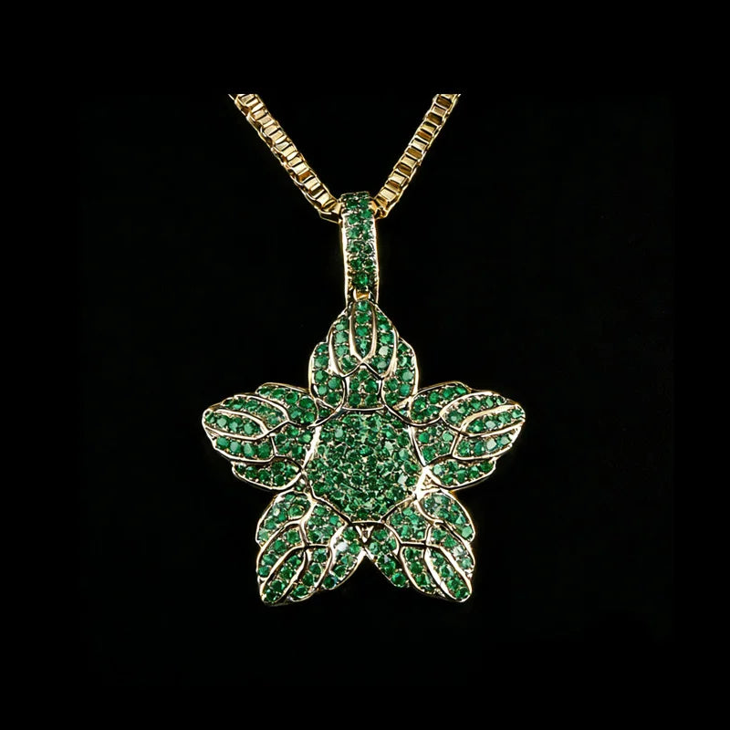 Unique Leaf Textured Design Gold-Tone Flower Pendant Charm with Paved CZ Stones  for Hip Hop Style
