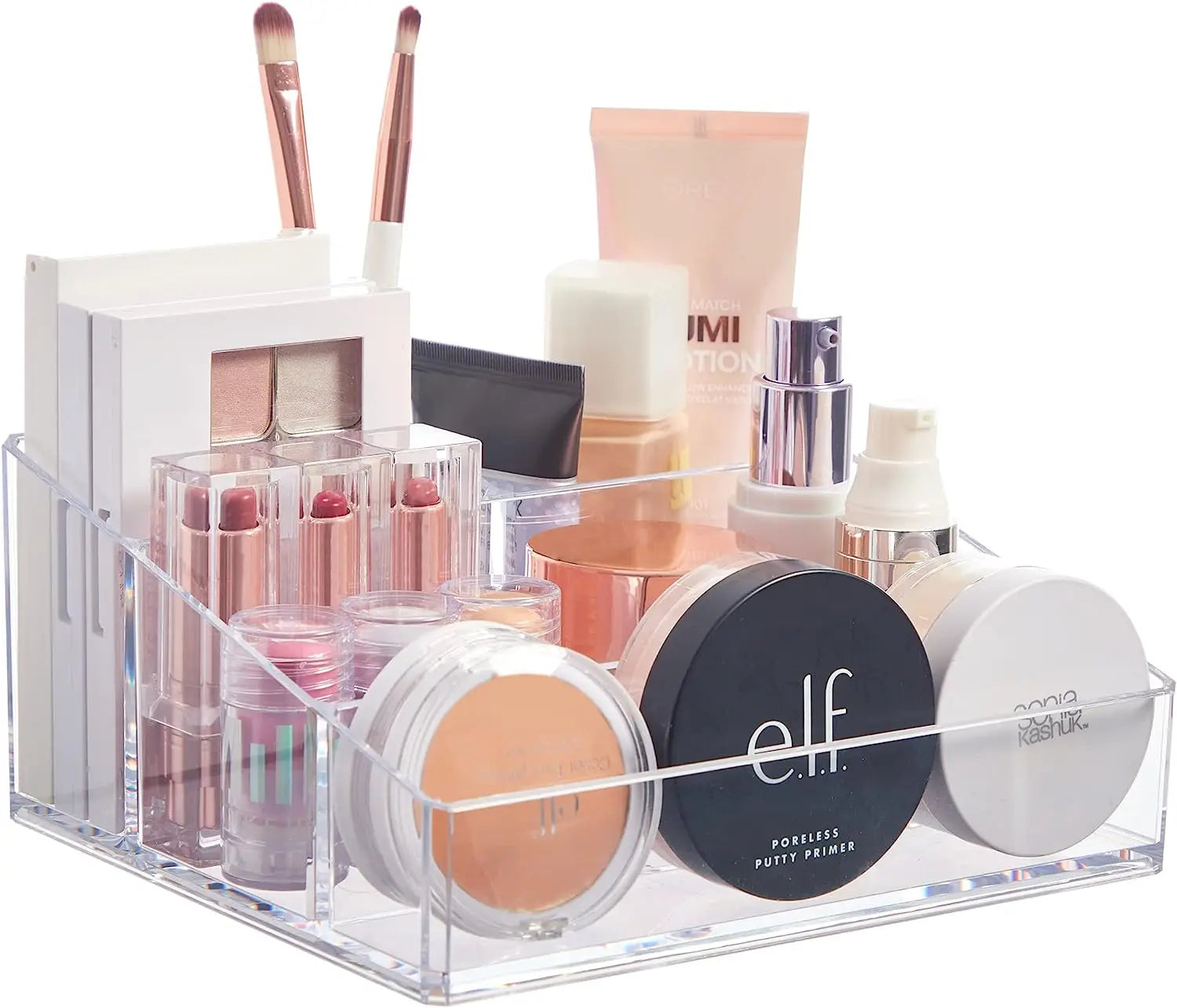 Compact Rectangular 4-Compartment Clear Acrylic Vanity Makeup Organizer Display Rack Brushes Eye Shadow Palettes Beauty Supplies