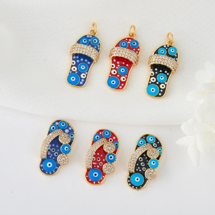 Fashion Brass 14K Gold Plated Flip Flop Shaped Pendant Blue Zircon Eyes Women's Trendy Gift for DIY Jewelry Making Accessories