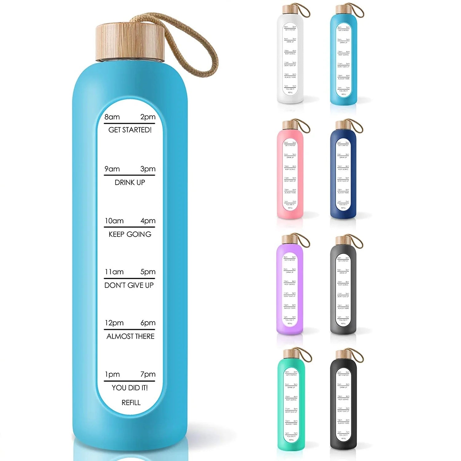 32 oz 1000ml Leak-Proof Time Marker Reminder Borosilicate Motivational Glass Water Bottle with Silicone Sleeve Bamboo Lid