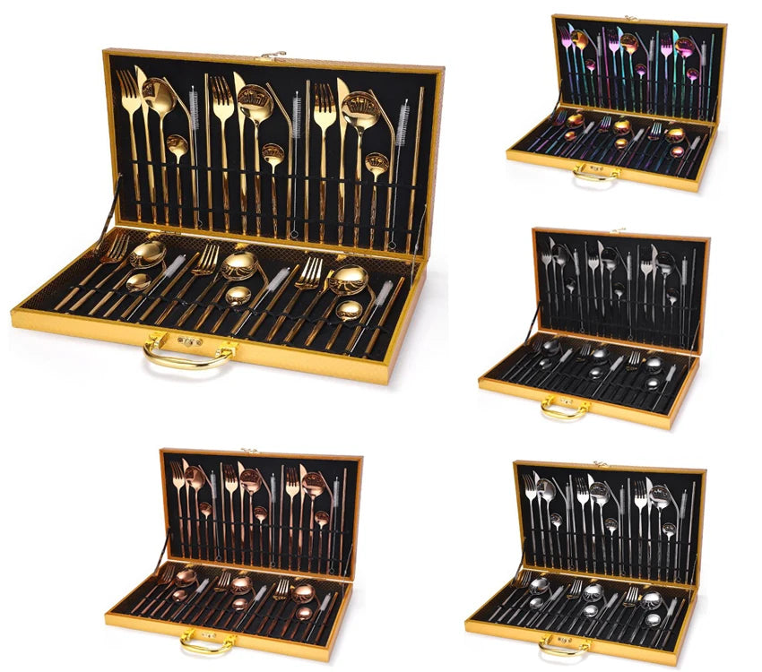 Stainless Steel 18/0 Dinner Dinnerware Set Holiday Gold Wood Gift Box 42PCS Tableware Set Fork Spoon Knife Cutlery Set