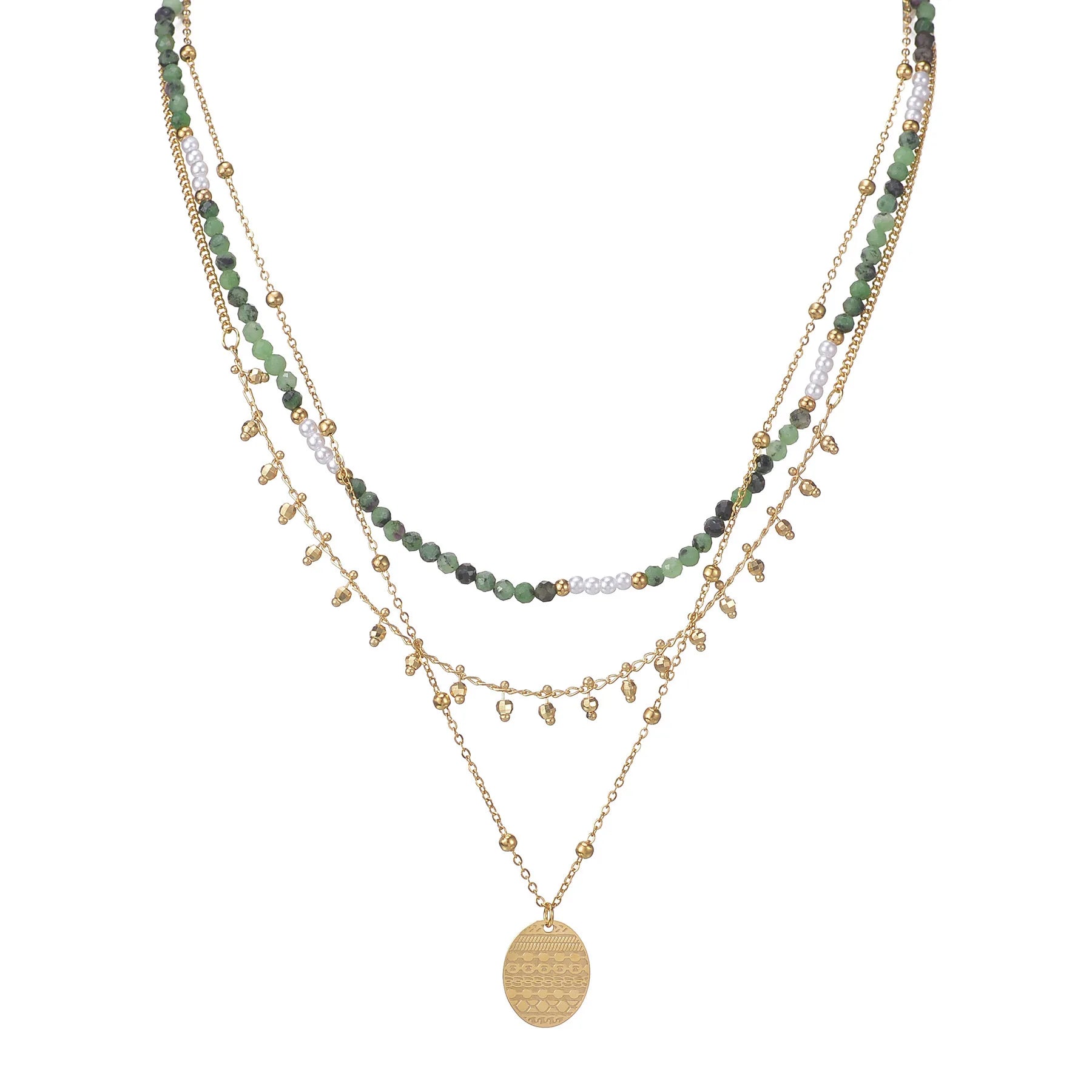 Fashionable Boho Women's Necklace Multilayer Tassel Pearl Sequin Bead Chain 18K Gold Plated Stainless Steel Pendant Turquoise