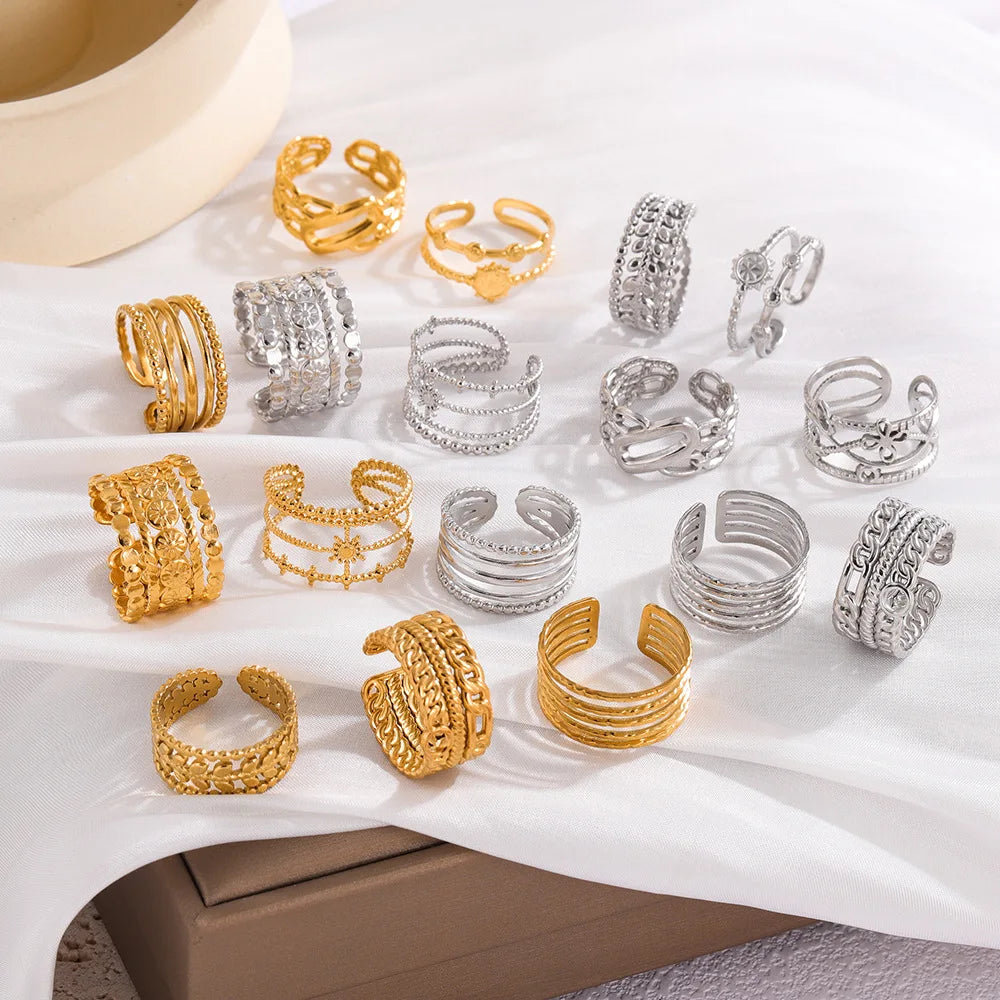 Cunyan 2025 Vintage Stainless Steel Adjustable Rings for Women Fashion Gold Plated Hollow Chunky Open Rings