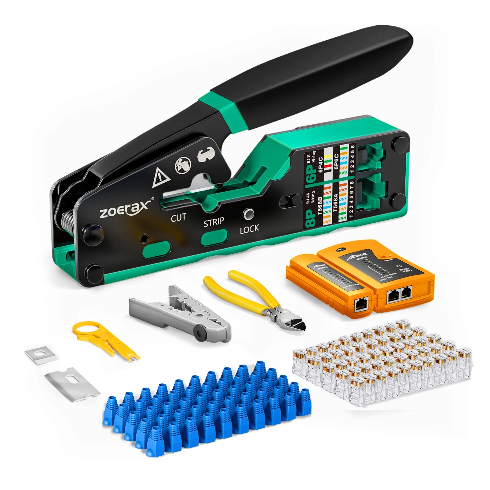 8 in 1 Network Tool Kit 8P 6P Pass Crimping Tester Steel Wire Cutter Blades Cat6 Connector Boot RJ45 Crimp Tool Kit