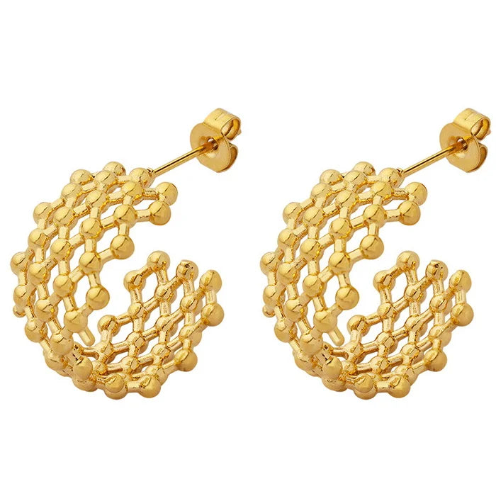 Simple 18K Gold Stainless Steel Bead Link Earrings C Shaped Titanium Steel PVD Personalized Mesh Cellular Circle Trendy Wedding