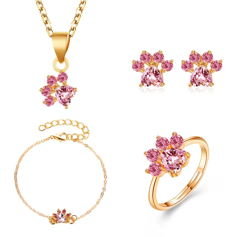 4Pcs/Set Pink Crystal Bear Paw Cat Claw Wedding Jewelry Set Women Necklace Bracelet Ring Earrings