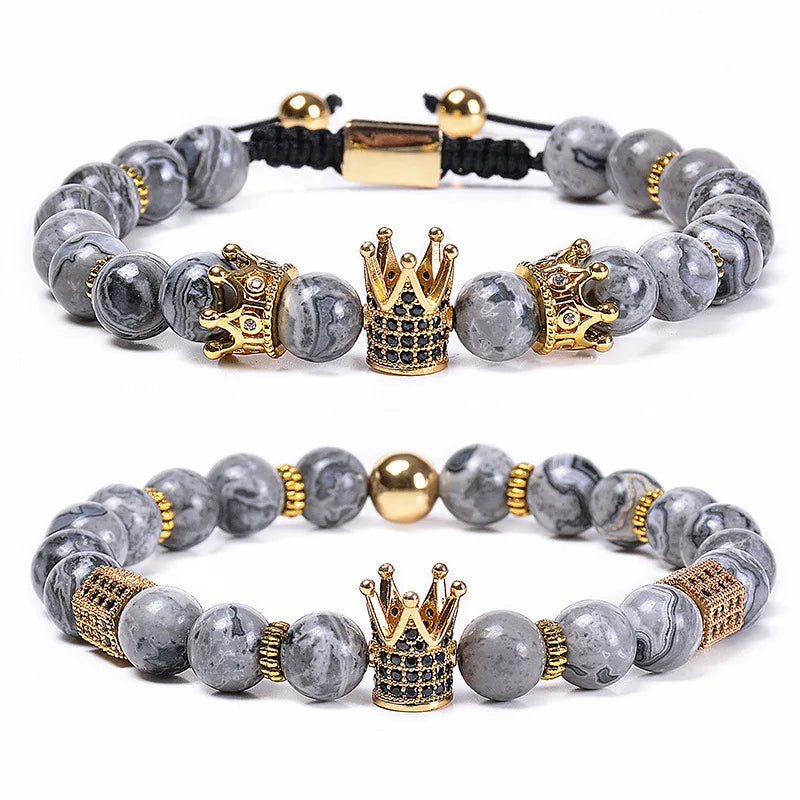 2023 Wholesale 8mm Map Stone Couples Bracelet Adjustable Natural Crystal Zircon Copper Crowns Woven Beaded Bracelets for Lover