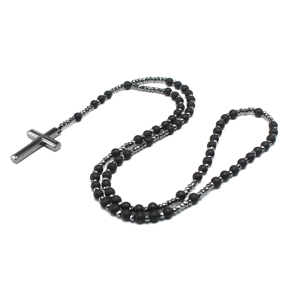 Natural Stone Black Glitter Matte Agate Black Gallstone Custom Necklace Pendant logo Men Beads Cross Pendant