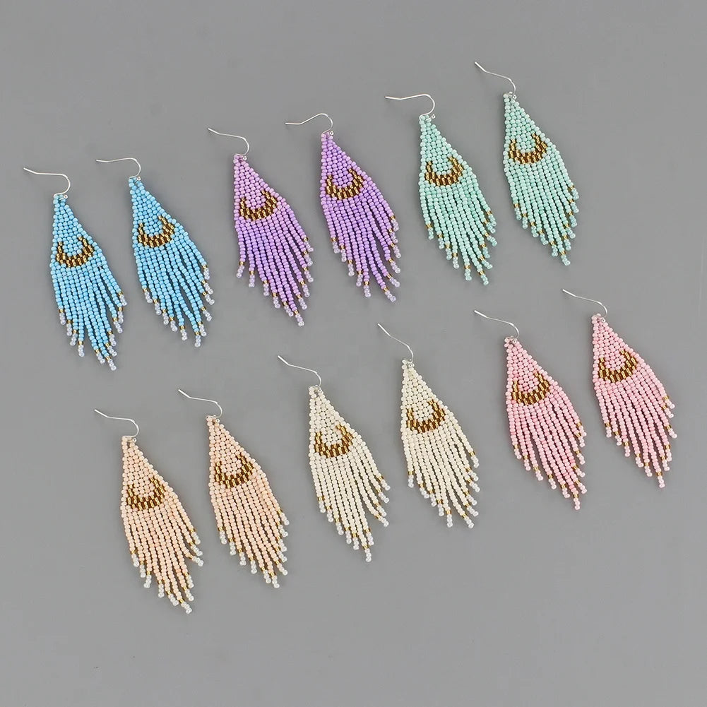 Vintage Retro Style Trendy Glass Hoop Earrings with Colorful Seed Bead Tassel Bright Drop Hook Shape