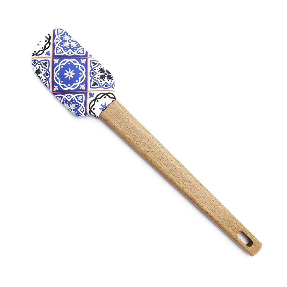 Non-Stick Food Grade Printed Wood Handle Silicone Spatula for Cooking and Mixing