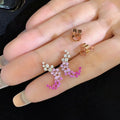 RUYI 18K Yellow Gold Lab Diamond Stud Earrings Natural Red Pink Gem Pave Wisteria Flowers Unique Diamond Jewelry