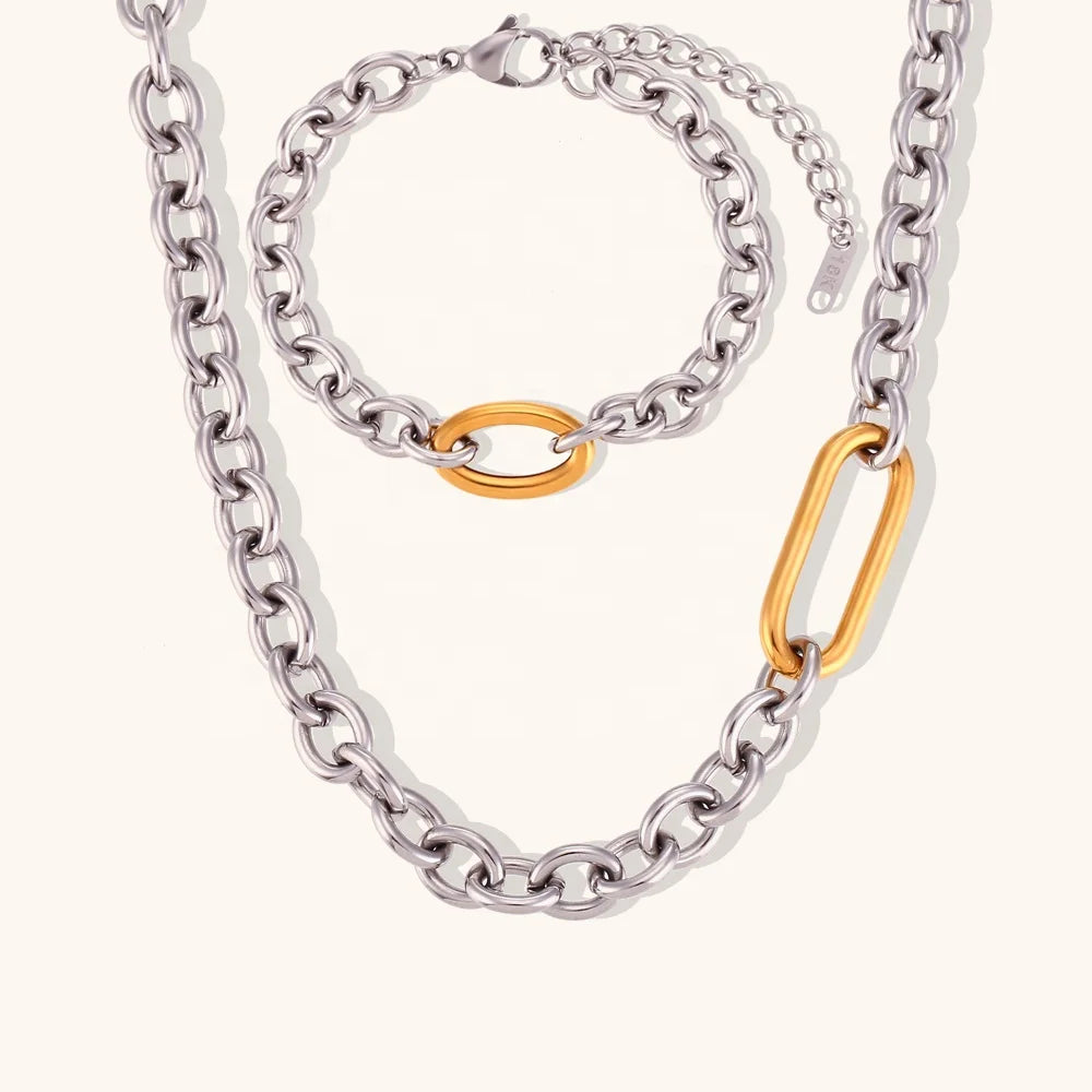 Dingran New Trendy O Chain Choker Necklace & Bracelet 18k Gold Plated Stainless Steel Jewelry Set Tarnish Free for Wedding Gift