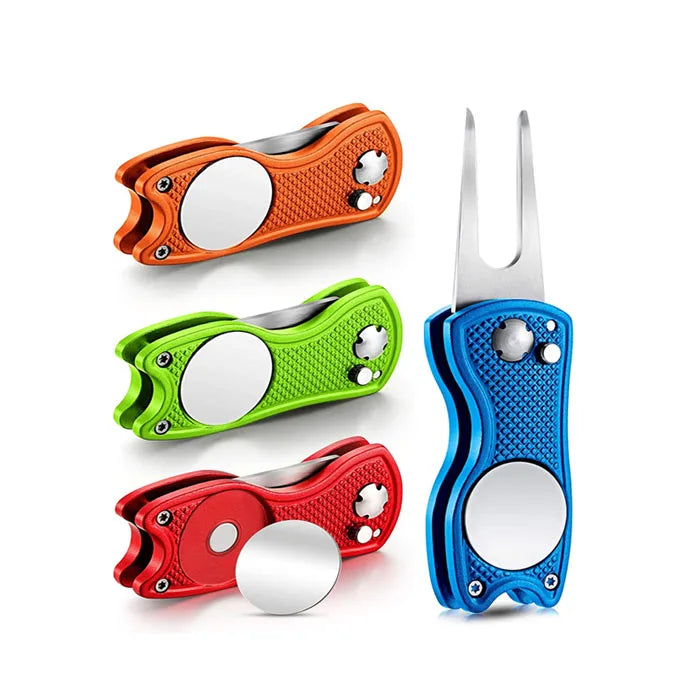 Stainless Steel Foldable Golf Repair Tool with Magnetic Golf Button Painted Golf Ball Marker