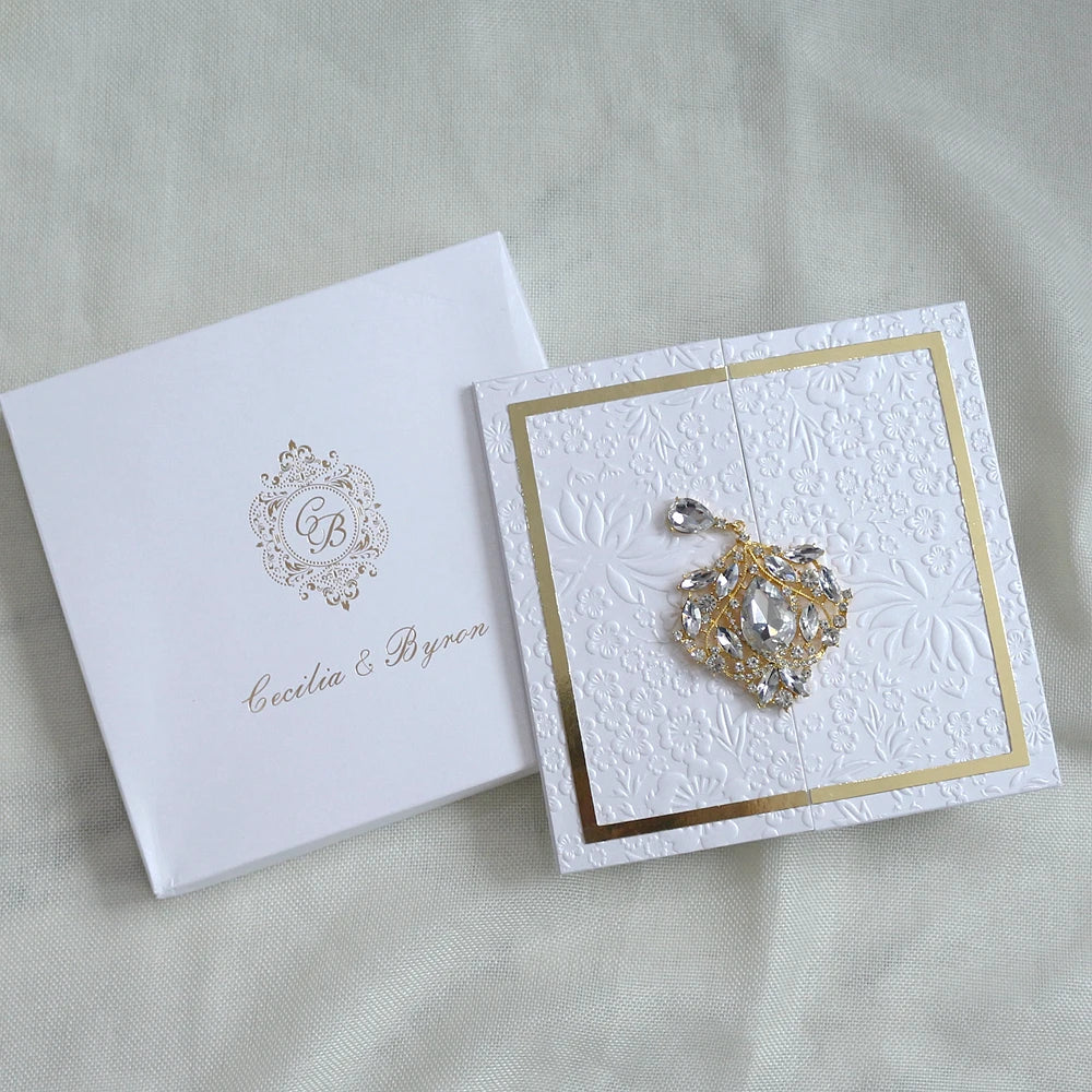 High Grade Unique Emboss Gray Board Gilded Text Wedding Invitation Card with a Box