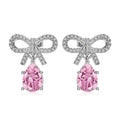 ACME 925 Silver Pink Crystal Bow Tie Knot Teardrop Pendant Drop Earring for Party Classic Young Trendy Elegant Studs Gift