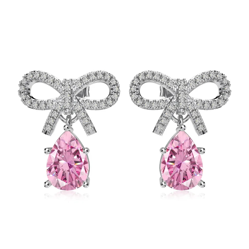 ACME 925 Silver Pink Crystal Bow Tie Knot Teardrop Pendant Drop Earring for Party Classic Young Trendy Elegant Studs Gift