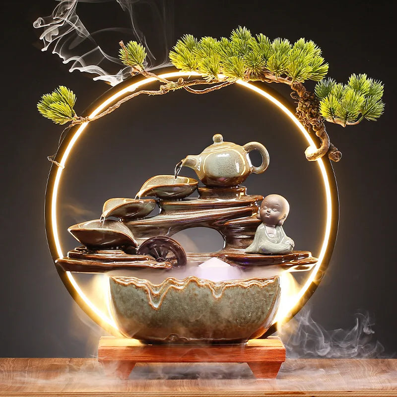 2024 High Quality Holder Ceramic Little Monk Led Light Backflow Waterfall Incense Burner