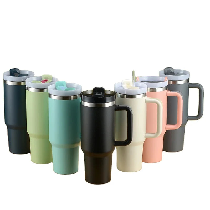 2023 Vacuum Metal Cup Stainless Travel Mug 40oz Insulated Handle Tumbler with Lids and Straw