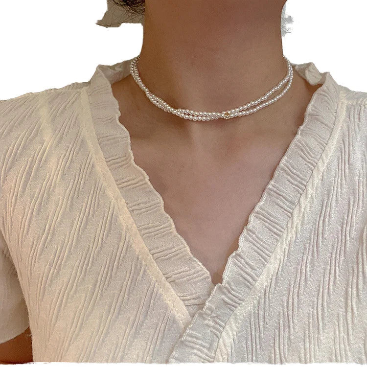 New Zircon Double Strand Necklace with Natural near Flat round White Freshwater Beads Gold Plated Brass Trendy Style