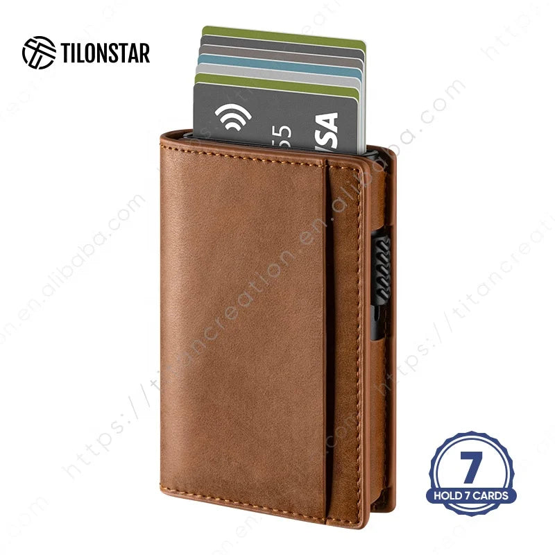 TILONSTAR TVC318 Slim Full Wrapped Leather Bifold Aluminum Credit Pop up RFID Blocking Card Wallet Business ID Card Holder
