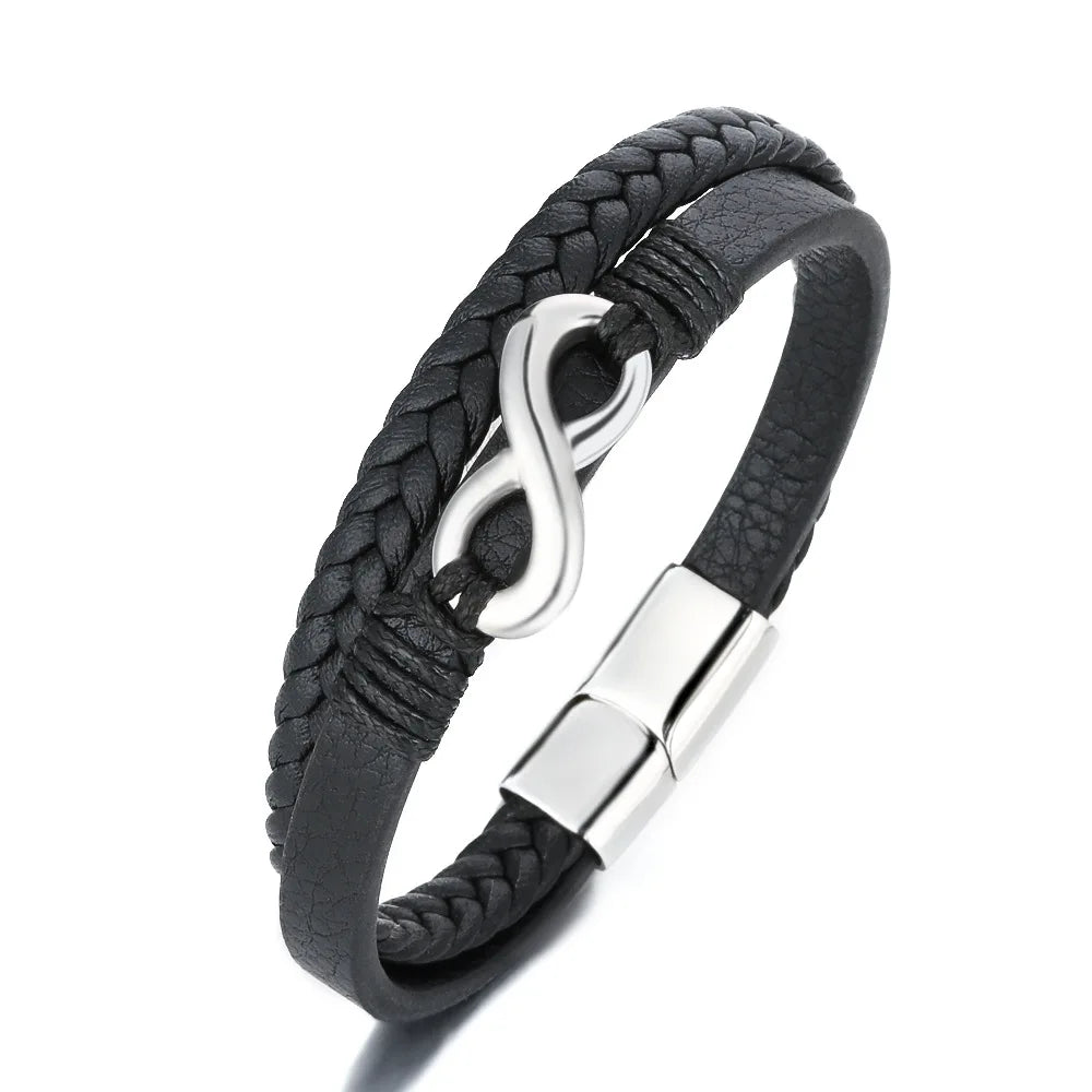 Double Warp Black Braided Men Genuine Infinity Number 8 Charm Leather Bracelet Double Layer Woven Bracelet