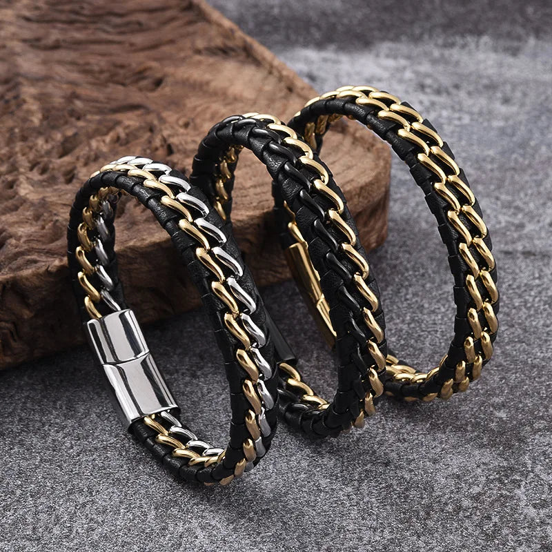 Punk Personalized Braided Cow Genuine Leather Bracelets Stainless Steel Double Chain Weave Magnetic Buckle Bangle for Men
