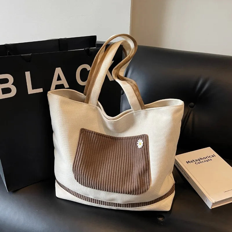 Casual Contrast Color Women's Canvas Shoulder Bags Large Capacity Patchwork Ladies Handbags Daisy Simple Female Underarm Tote