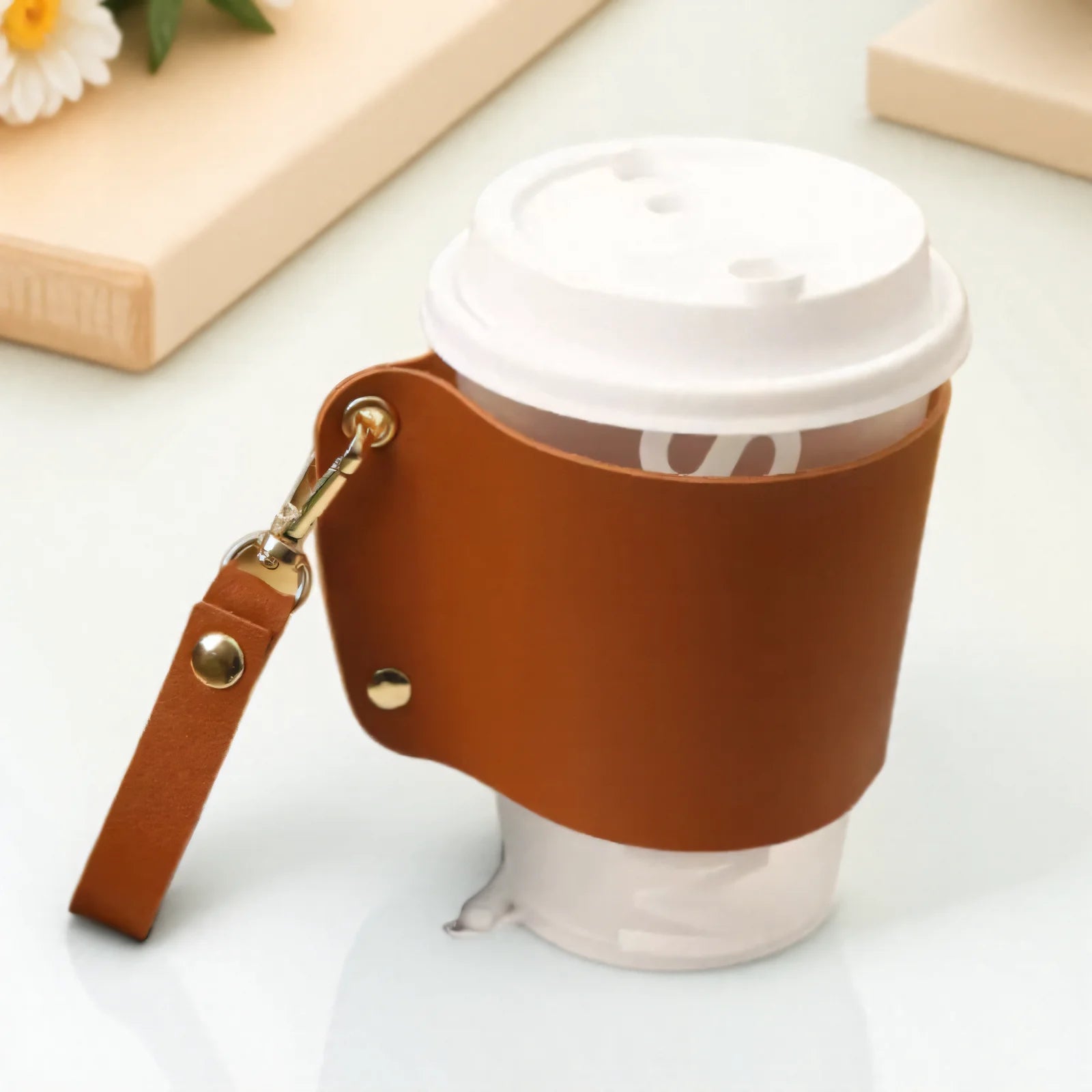 Custom Reusable  Leather Coffee Cup Sleeve Holder Removable Chain Handle  Mug Sleeve Carrier Cover