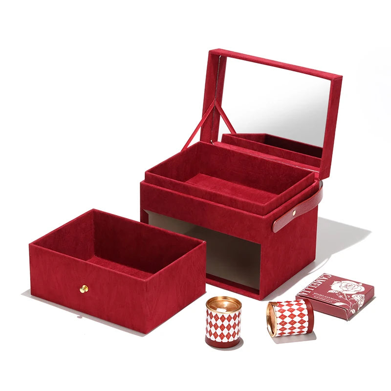 Double-Purpose Luxury Flip-Top Clamshell Gift Box and Sliding Drawers Featuring a Mirror Embedded Inside and a Leather Handle