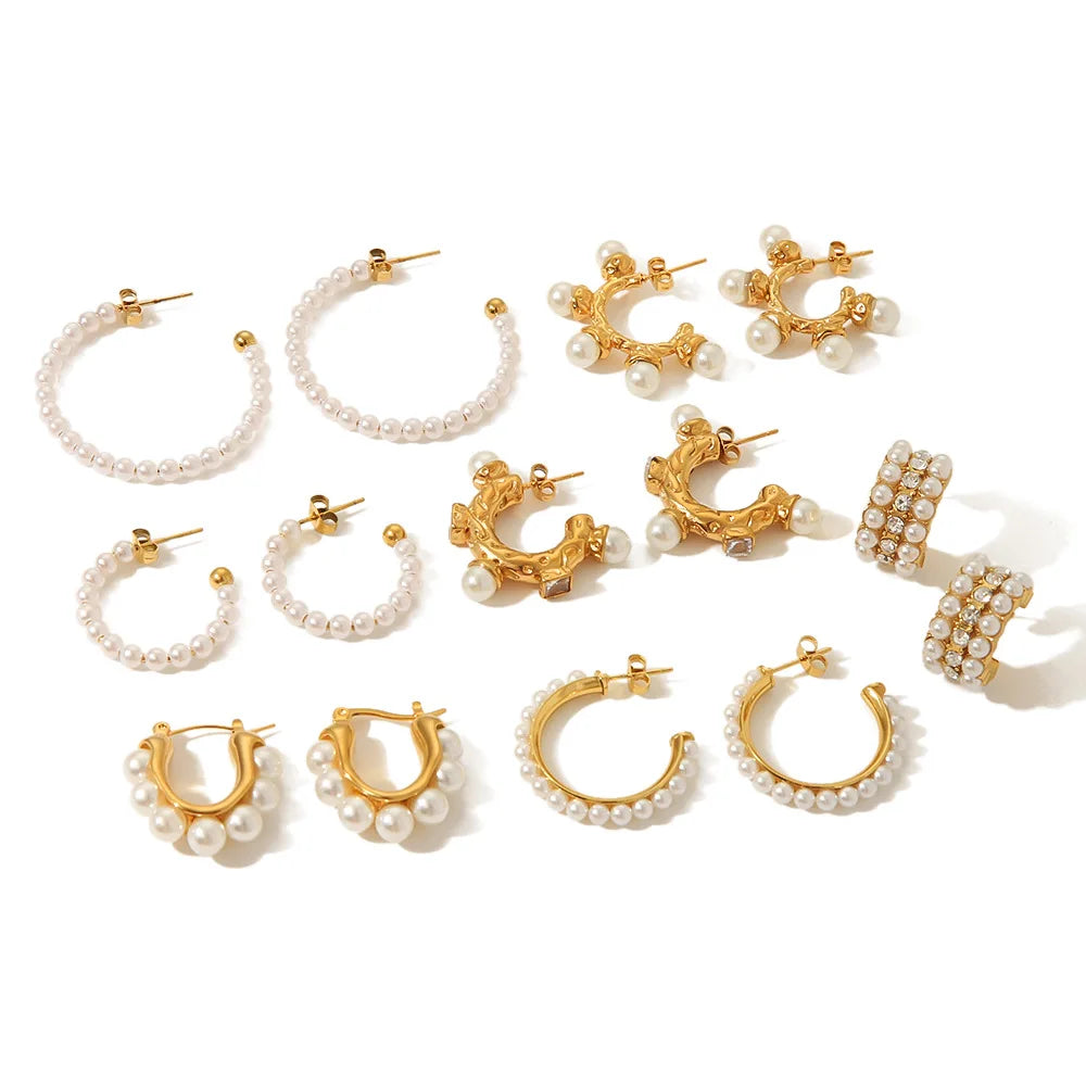 Women's Trendy 18K Gold Plated Stainless Steel Pearl Earrings Wholesale Fashion Jewelry