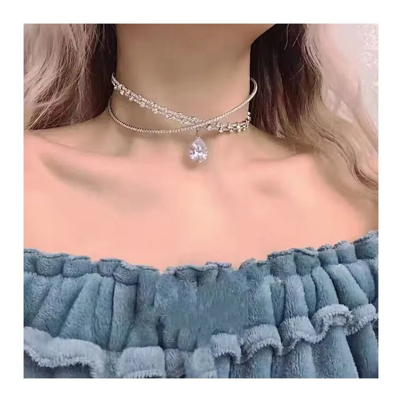 Fashion Double Row Butterfly Necklace Personality Trend Shiny Rhinestone Necklace Choker