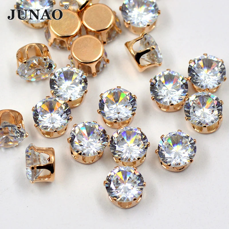 JUNAO Factory Hot Sell SS38 8mm Sewing Crystal Strass With Gold Base Clear Color Claw Rhinestone for Clothes