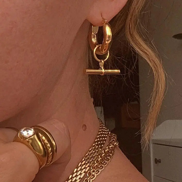 Trendy Earrings Jewelry Girls Statement 18K Gold Plated Stainless Steel T Bar Hoop Earrings Hypoallergenic Dangle Earrings